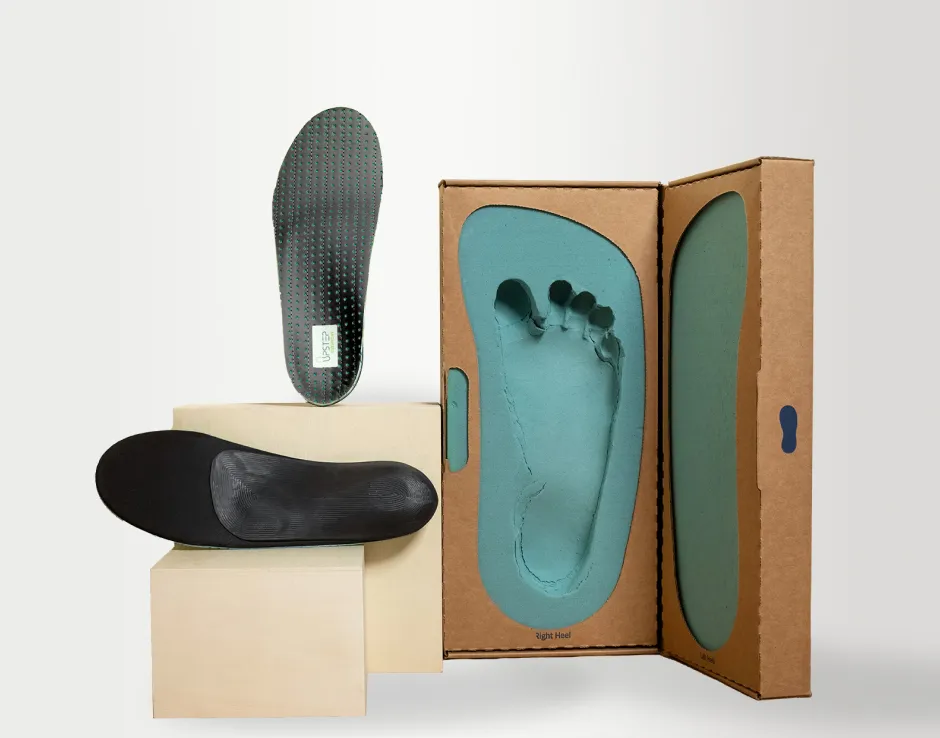 Upstep custom orthotics packaging box with foam impression kit and custom crafted insoles