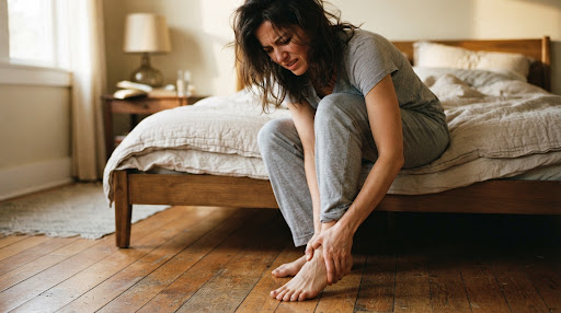 Person experiencing sharp morning plantar fasciitis heel pain